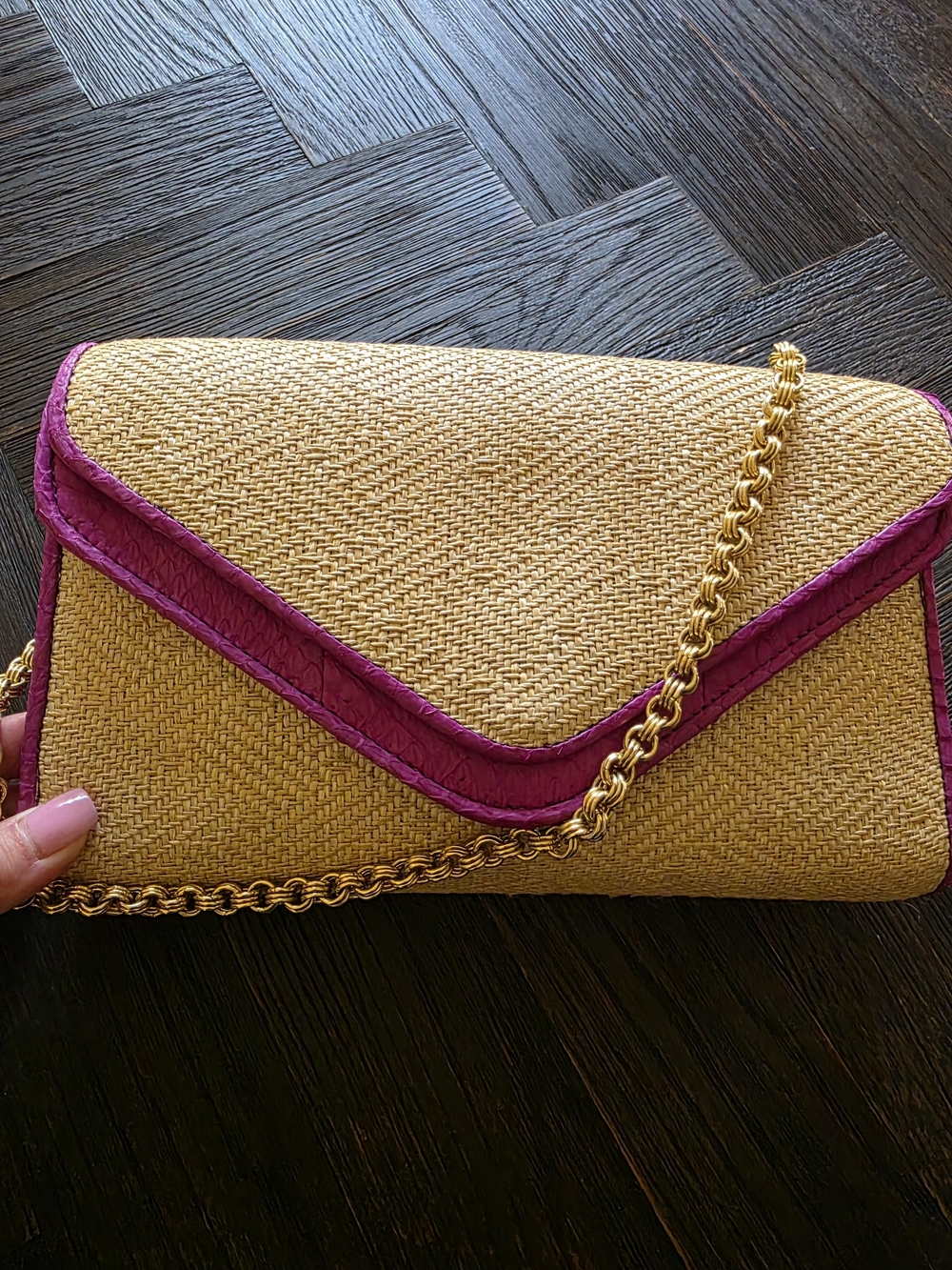Kotur Raffia And Python Clutch / Shoulder Bag with Gold Chain